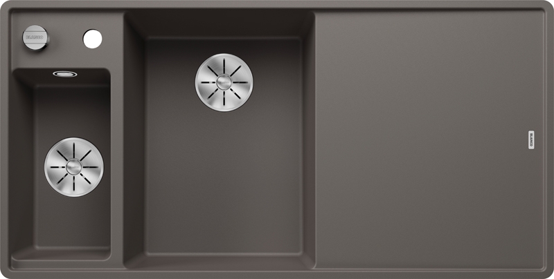 Blanco Axia III 6 S-F Silgranit PuraDur, color volcano gray, glass cutting board, InFino drain, basin on the left, 527230