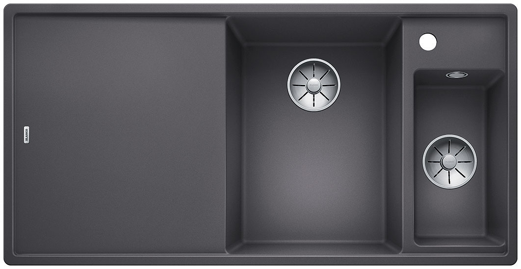 Blanco Axia III 6 S-F Silgranit PuraDur, color rock gray, glass cutting board, InFino drain, basin on the right, 523490