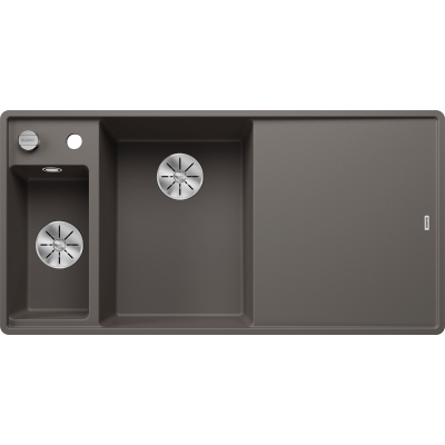Blanco Axia III 6 S-F Silgranit PuraDur, color volcano gray, wooden cutting board, InFino drain, basin on the left, 527231