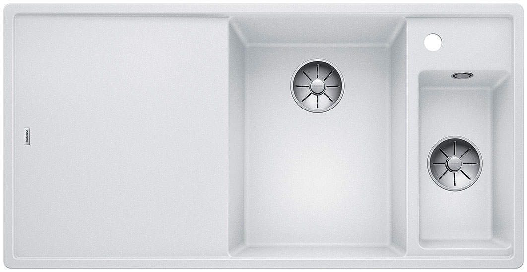 Blanco Axia III 6 S-F Silgranit PuraDur, color white, wooden cutting board, InFino drain, basin on the right, 523486