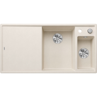 Blanco Axia III 6 S Silgranit PuraDur, color soft white, glass cutting board, basin on the right, InFino drain, 527045