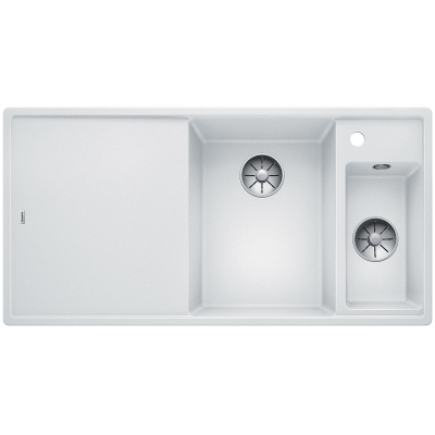 Blanco Axia III 6 S Silgranit PuraDur, color white, glass cutting board, basin on the right, InFino drain, 523477