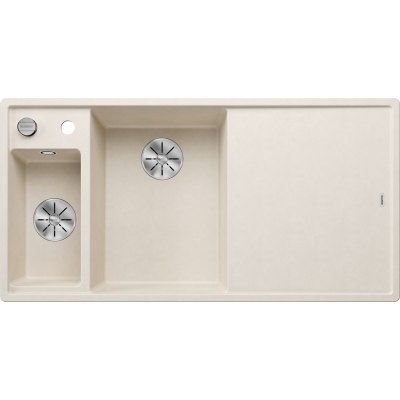 Blanco Axia III 6 S Silgranit PuraDur, color soft white, glass cutting board, basin on the left, InFino drain, 527043