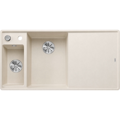 Blanco Axia III 6 S-F Silgranit PuraDur, color soft white, glass cutting board, InFino drain, basin on the left, 527048