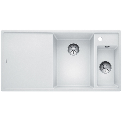 Blanco Axia III 6 S-F Silgranit PuraDur, color white, wooden cutting board, InFino drain, basin on the right, 523486