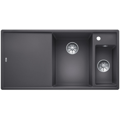 Blanco Axia III 6 S-F Silgranit PuraDur, color rock gray, wooden cutting board, InFino drain, basin on the right, 523484