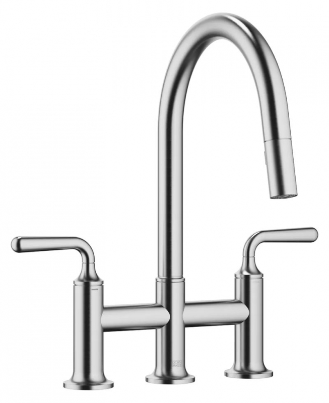 Dornbracht VAIA three-hole pull-down bridge mixer with shower function - brushed chrome (stainless steel look), 19870809-93