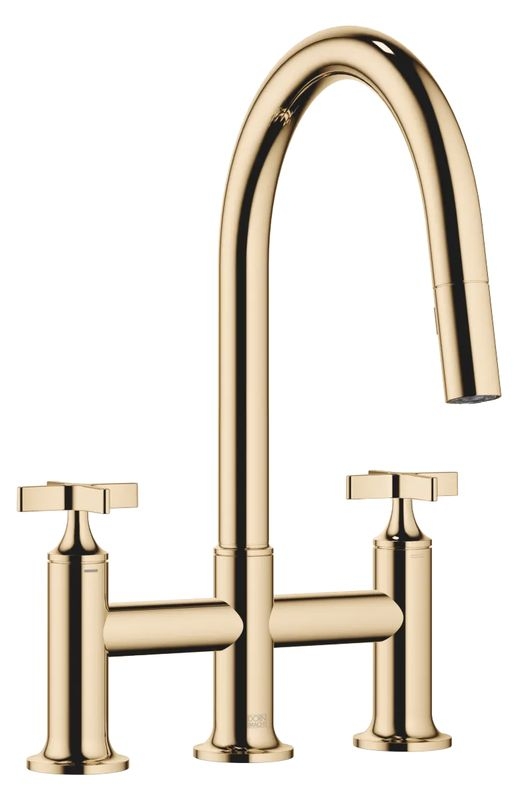 Dornbracht VAIA three-hole pull-down bridge mixer with shower function - brass (23kt gold), 19875809-09