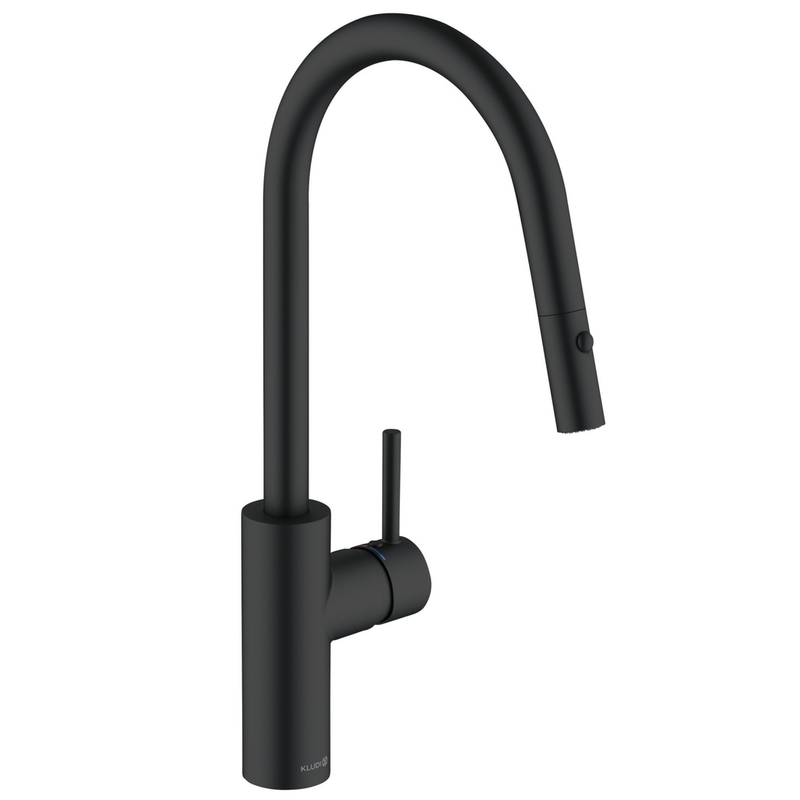 Kludi E-GO Voice, matt black, with power plug, high-pressure pull-out spout, voice control, 5023141