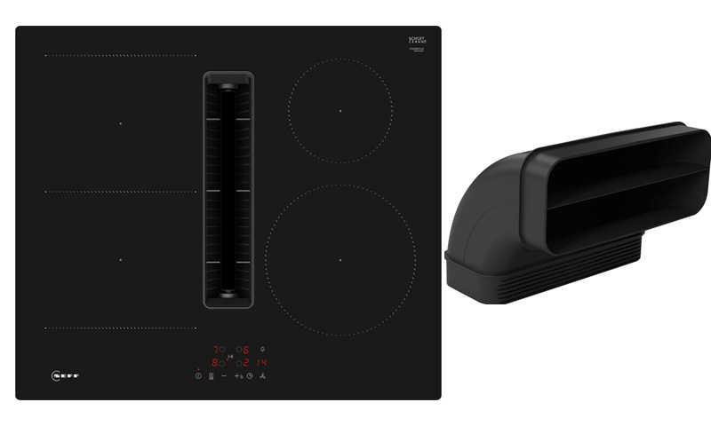 Neff V56NBSGA7, SET V56NBS1L0 induction hob with extractor hood, 60 cm, black, frameless + Z861SB2, 90° flat channel bend, with 5 year guarantee!