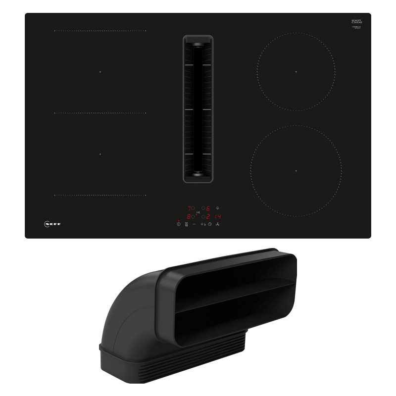 Neff V58NBSGA7, SET V58NBS1L0 induction hob with extractor hood, 80 cm, black, frameless + Z861SB2, 90° flat channel bend, with 5 year guarantee!