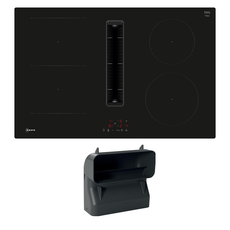 Neff V58NBSGA6, SET V58NBS1L0 induction hob with extractor hood, 80 cm, black, frameless + Z861SB4 90° flat channel bend, with 5 year guarantee!