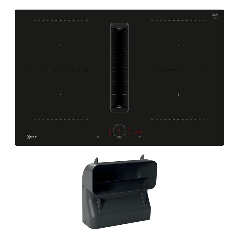 Neff V58NHQGA6, SET V58NHQ4L0 induction hob with extractor hood, 80 cm, black, frameless, + Z861SB4 90° flat channel bend, with 5 year guarantee!