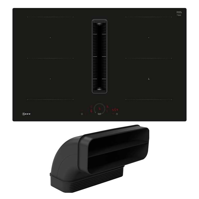 Neff V58NHQGA7, SET V58NHQ4L0 induction hob with extractor hood, 80 cm, black, frameless, + Z861SB2, 90° flat channel bend, with 5 year guarantee!