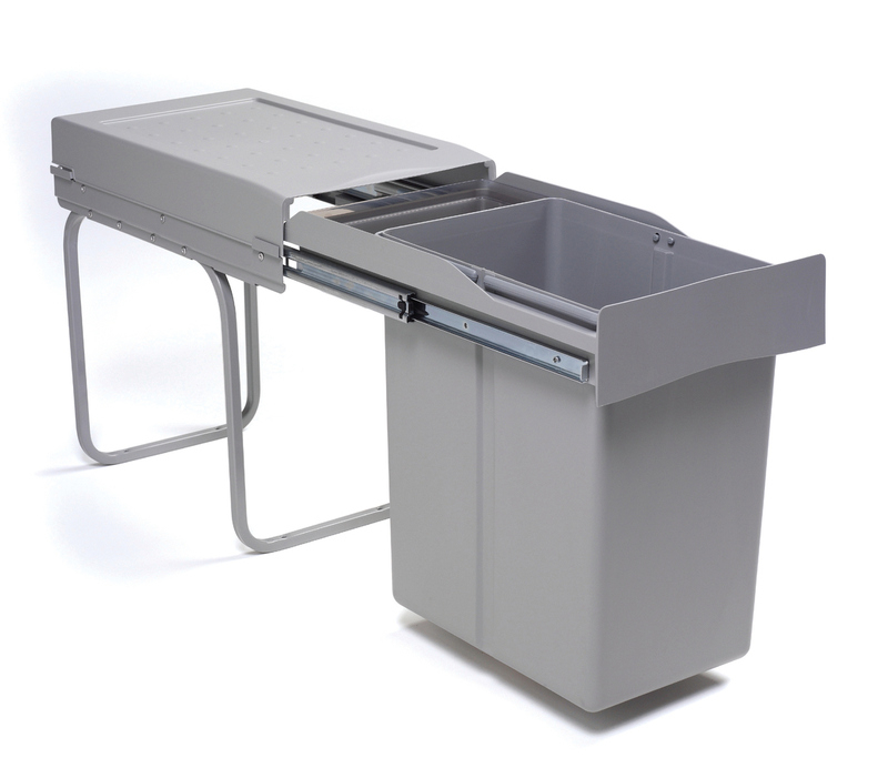 WESCO® built-in waste bin 30DT with storage tray, pull-out technology for revolving doors, aluminum gray, 21 l, 8011622