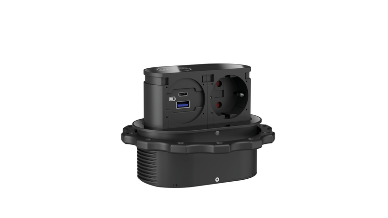 Naber Piccolino QI USB Type A, USB Type C, глянцевая черная стеклянная крышка, встроенный элемент розетки, розетка Schuko, 7053201