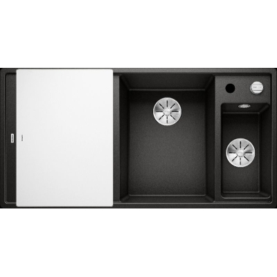 Blanco Axia III 6 S Silgranit PuraDur, color black, glass cutting board, basin on the right, InFino drain, 525850
