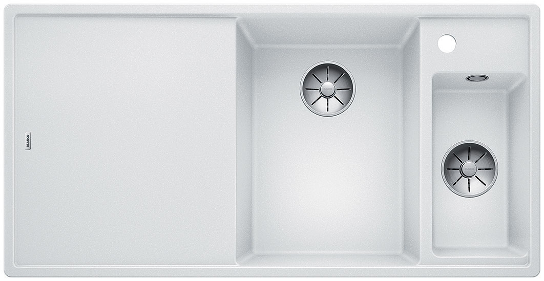 Blanco Axia III 6 S Silgranit PuraDur, color white, glass cutting board, basin on the right, InFino drain, 523477