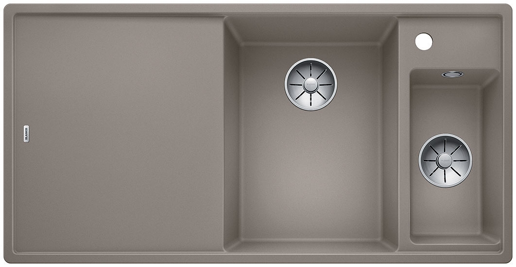 Blanco Axia III 6 S Silgranit PuraDur, color tartufo, glass cutting board, basin on the right, InFino drain, 523480