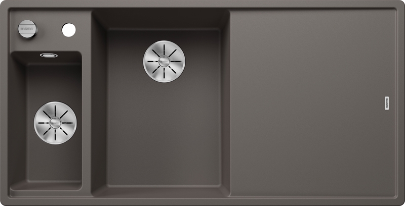 Blanco Axia III 6 S Silgranit PuraDur, color volcano gray, wooden cutting board, basin on the left, InFino drain, 527227